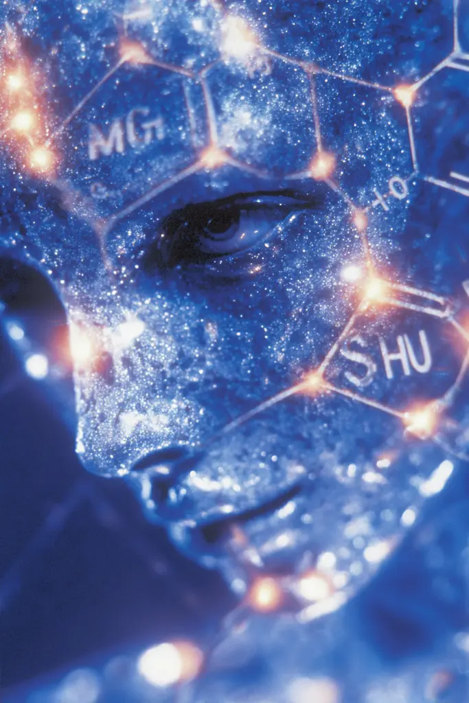 Midjourney generated image using SREF code Phosplasm: A woman's face is covered in blue glitter.