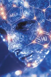 Midjourney generated image using SREF code Phosplasm: A woman's face is covered in blue glitter.