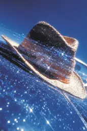 Midjourney generated image using SREF code Phosplasm: A cowboy hat sitting on top of a blue car.