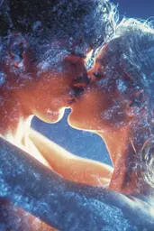 Midjourney generated image using SREF code Phosplasm: A man and a woman kissing in the snow.