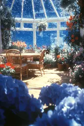 Midjourney generated image using SREF code Phosplasm: A dining room with a table and chairs in a greenhouse.