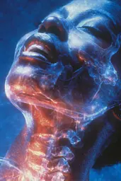 Midjourney generated image using SREF code Phosplasm: A woman's face is shown in a blue and red image.