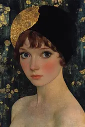 Midjourney generated image using SREF code Golden Elegance: A painting of a woman wearing a black hat.