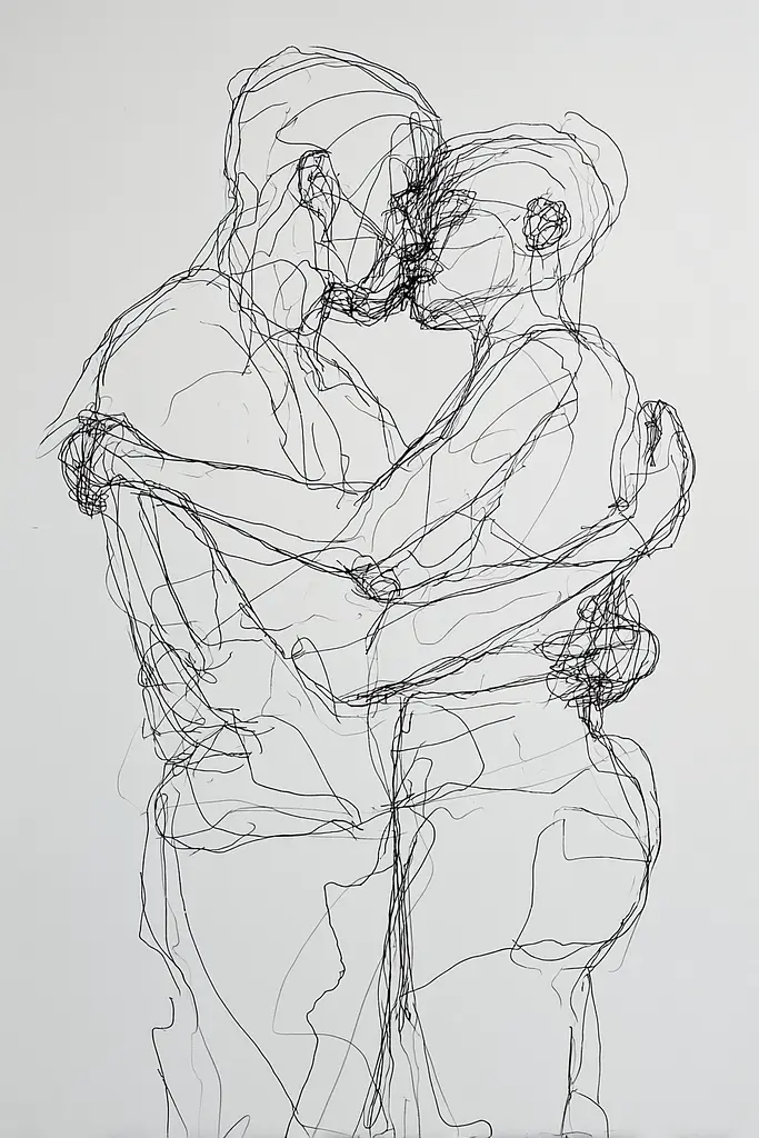 Midjourney generated image using SREF code Scribblephoria: A drawing of a man and a woman hugging each other.