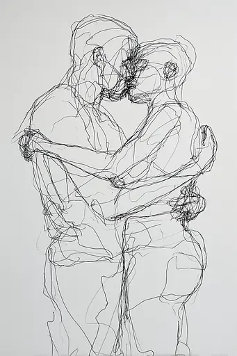 Midjourney generated image using SREF code Scribblephoria: A drawing of a man and a woman hugging each other.