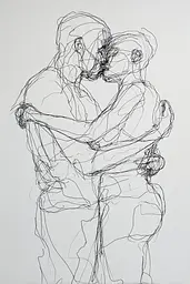 Midjourney generated image using SREF code Scribblephoria: A drawing of a man and a woman hugging each other.