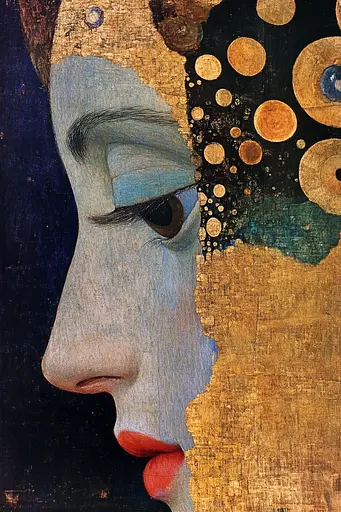 Midjourney generated image using SREF code Golden Elegance: A painting of a woman's face with gold and blue paint.