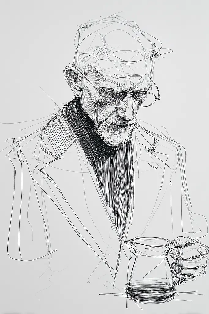 Midjourney generated image using SREF code Scribblephoria: A drawing of a man holding a cup of coffee.