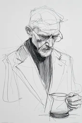 Midjourney generated image using SREF code Scribblephoria: A drawing of a man holding a cup of coffee.