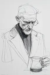 Midjourney generated image using SREF code Scribblephoria: A drawing of a man holding a cup of coffee.