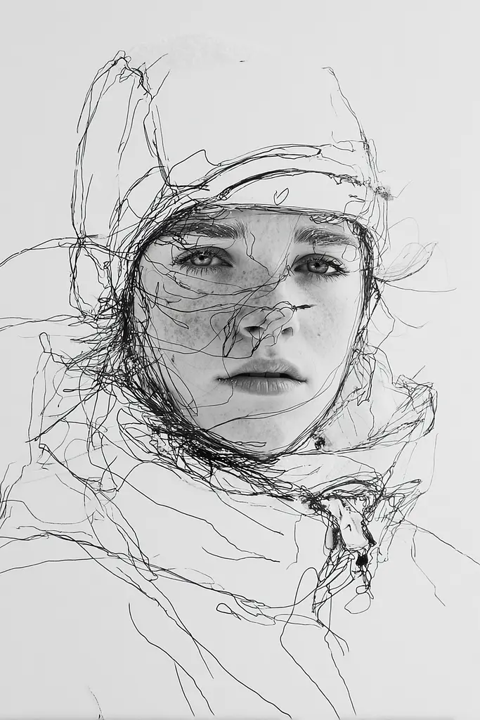 Midjourney generated image using SREF code Scribblephoria: A black and white drawing of a woman wearing a hat.