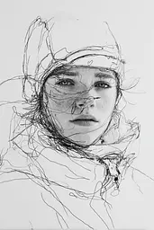Midjourney generated image using SREF code Scribblephoria: A black and white drawing of a woman wearing a hat.