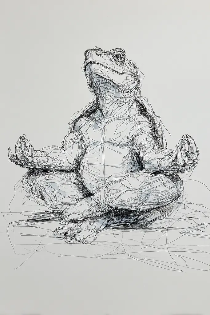 Midjourney generated image using SREF code Scribblephoria: A drawing of a frog sitting in a lotus position.