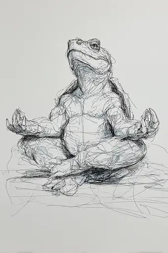 Midjourney generated image using SREF code Scribblephoria: A drawing of a frog sitting in a lotus position.