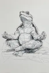Midjourney generated image using SREF code Scribblephoria: A drawing of a frog sitting in a lotus position.