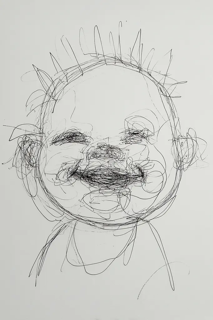 Midjourney generated image using SREF code Scribblephoria: A black and white drawing of a child's face.