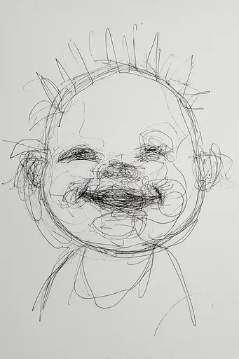 Midjourney generated image using SREF code Scribblephoria: A black and white drawing of a child's face.