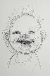 Midjourney generated image using SREF code Scribblephoria: A black and white drawing of a child's face.
