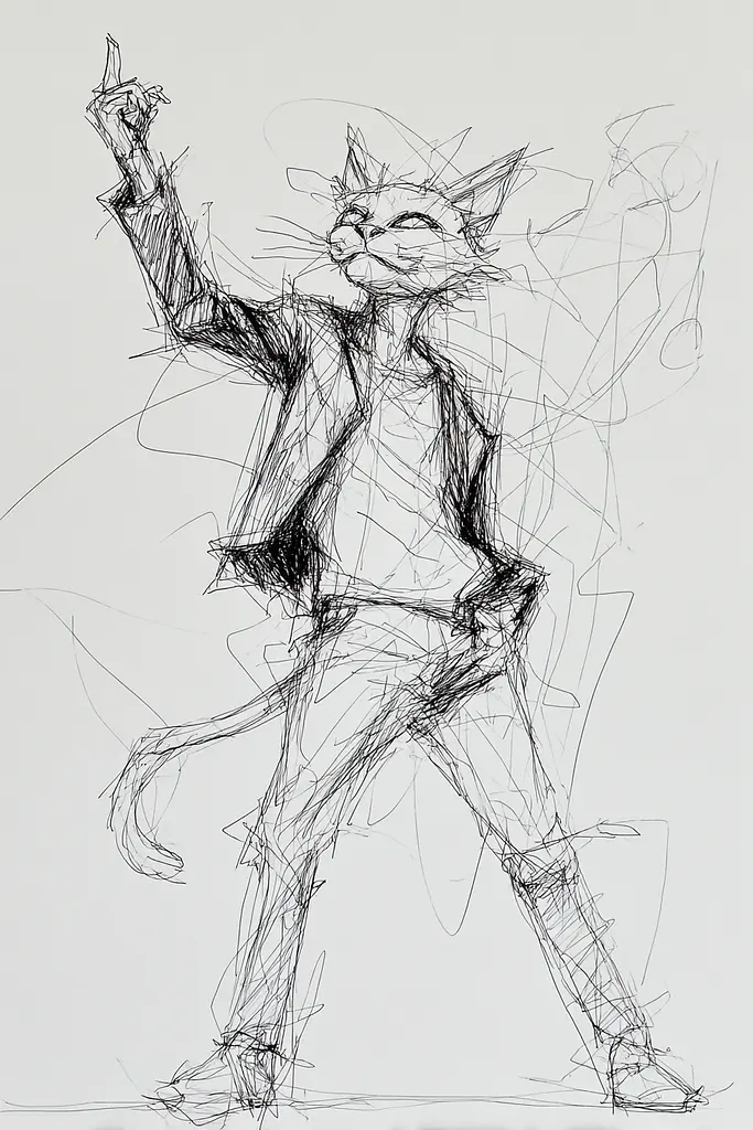 Midjourney generated image using SREF code Scribblephoria: A drawing of a cat in a suit and tie.