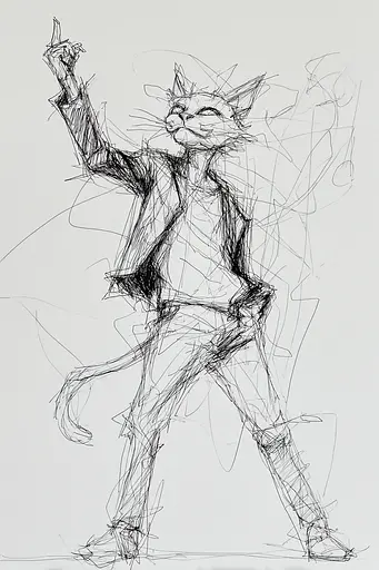 Midjourney generated image using SREF code Scribblephoria: A drawing of a cat in a suit and tie.