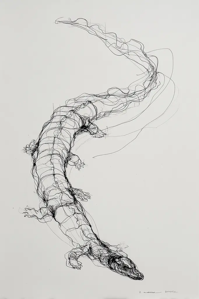 Midjourney generated image using SREF code Scribblephoria: A black and white drawing of a lizard.