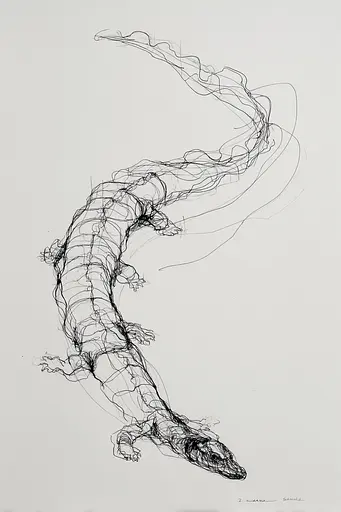 Midjourney generated image using SREF code Scribblephoria: A black and white drawing of a lizard.