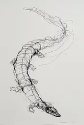 Midjourney generated image using SREF code Scribblephoria: A black and white drawing of a lizard.