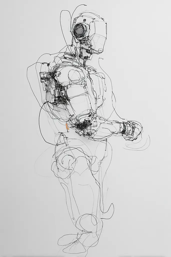 Midjourney generated image using SREF code Scribblephoria: A drawing of a man in a gas mask.