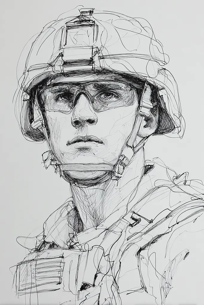 Midjourney generated image using SREF code Scribblephoria: A drawing of a soldier wearing a helmet and glasses.