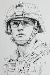 Midjourney generated image using SREF code Scribblephoria: A drawing of a soldier wearing a helmet and glasses.