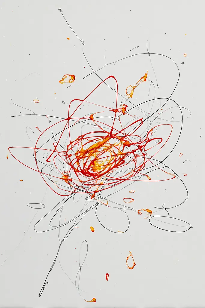 Midjourney generated image using SREF code Scribblephoria: A drawing of a red and orange flower on a white surface.