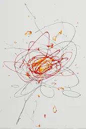Midjourney generated image using SREF code Scribblephoria: A drawing of a red and orange flower on a white surface.