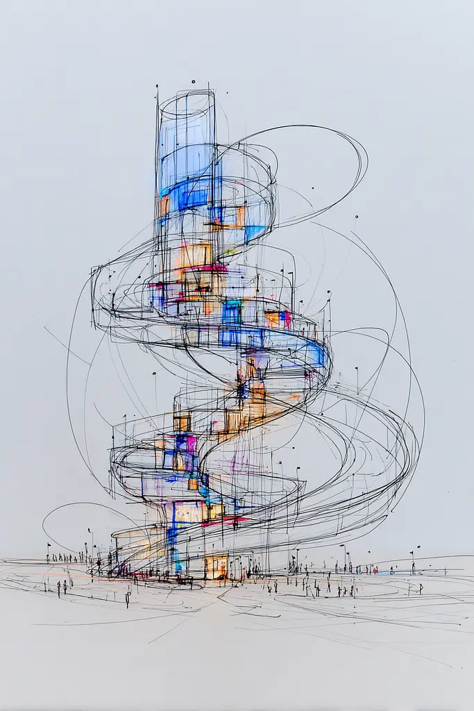 Midjourney generated image using SREF code Scribblephoria: A drawing of a spiral staircase in the middle of a city.