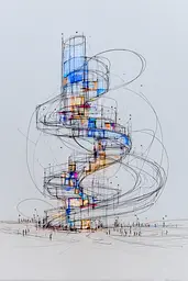 Midjourney generated image using SREF code Scribblephoria: A drawing of a spiral staircase in the middle of a city.