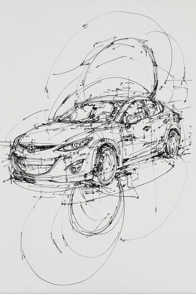 Midjourney generated image using SREF code Scribblephoria: A drawing of a car with a hood open.