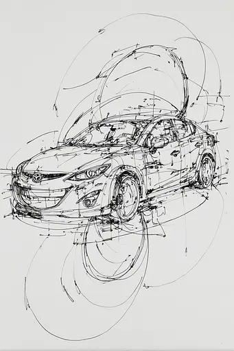 Midjourney generated image using SREF code Scribblephoria: A drawing of a car with a hood open.