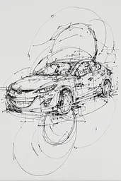 Midjourney generated image using SREF code Scribblephoria: A drawing of a car with a hood open.