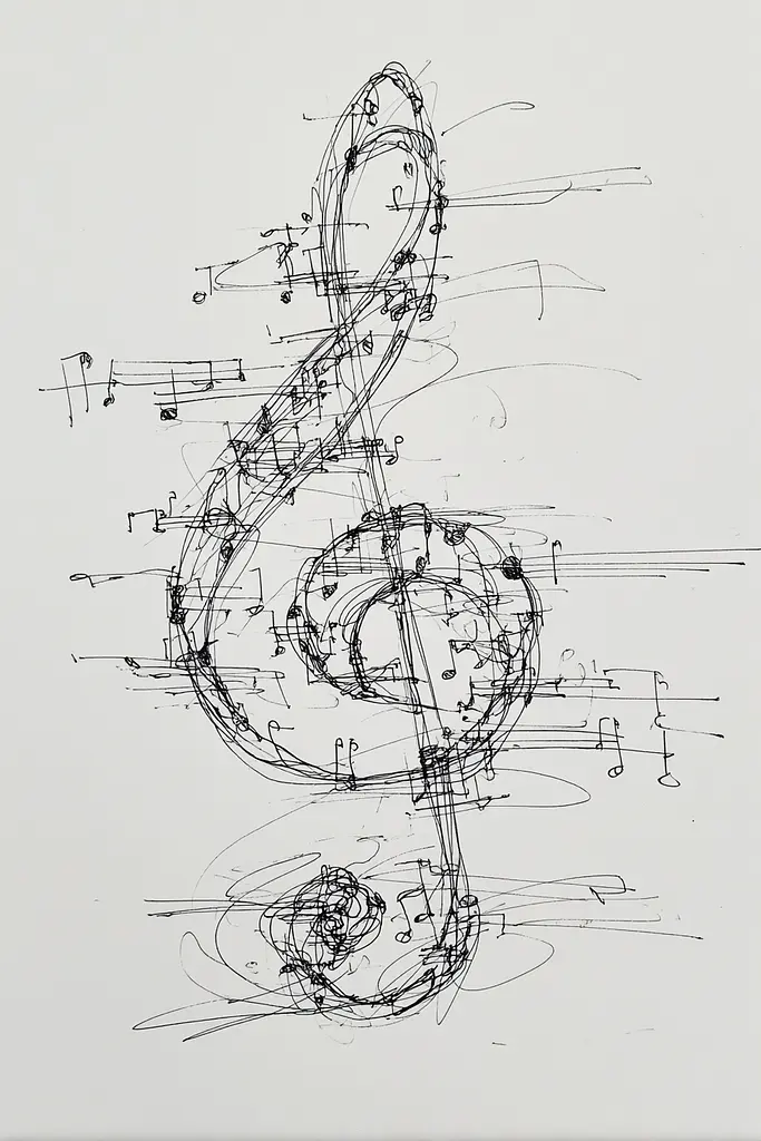 Midjourney generated image using SREF code Scribblephoria: A drawing of a treble clef on a sheet of music.