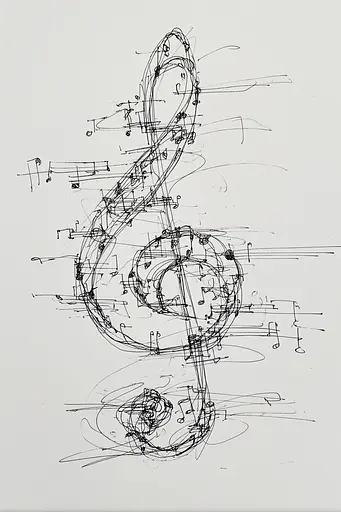 Midjourney generated image using SREF code Scribblephoria: A drawing of a treble clef on a sheet of music.