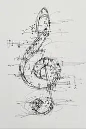 Midjourney generated image using SREF code Scribblephoria: A drawing of a treble clef on a sheet of music.