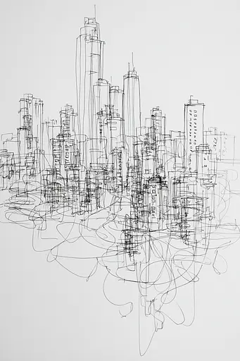 Midjourney generated image using SREF code Scribblephoria: A drawing of a city with a lot of buildings.