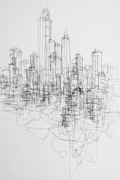 Midjourney generated image using SREF code Scribblephoria: A drawing of a city with a lot of buildings.