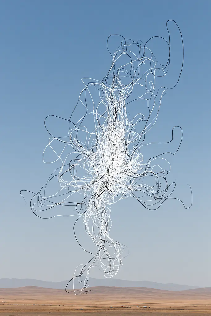 Midjourney generated image using SREF code Scribblephoria: A large white sculpture in the middle of a desert.