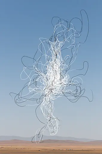 Midjourney generated image using SREF code Scribblephoria: A large white sculpture in the middle of a desert.