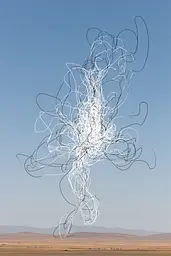 Midjourney generated image using SREF code Scribblephoria: A large white sculpture in the middle of a desert.