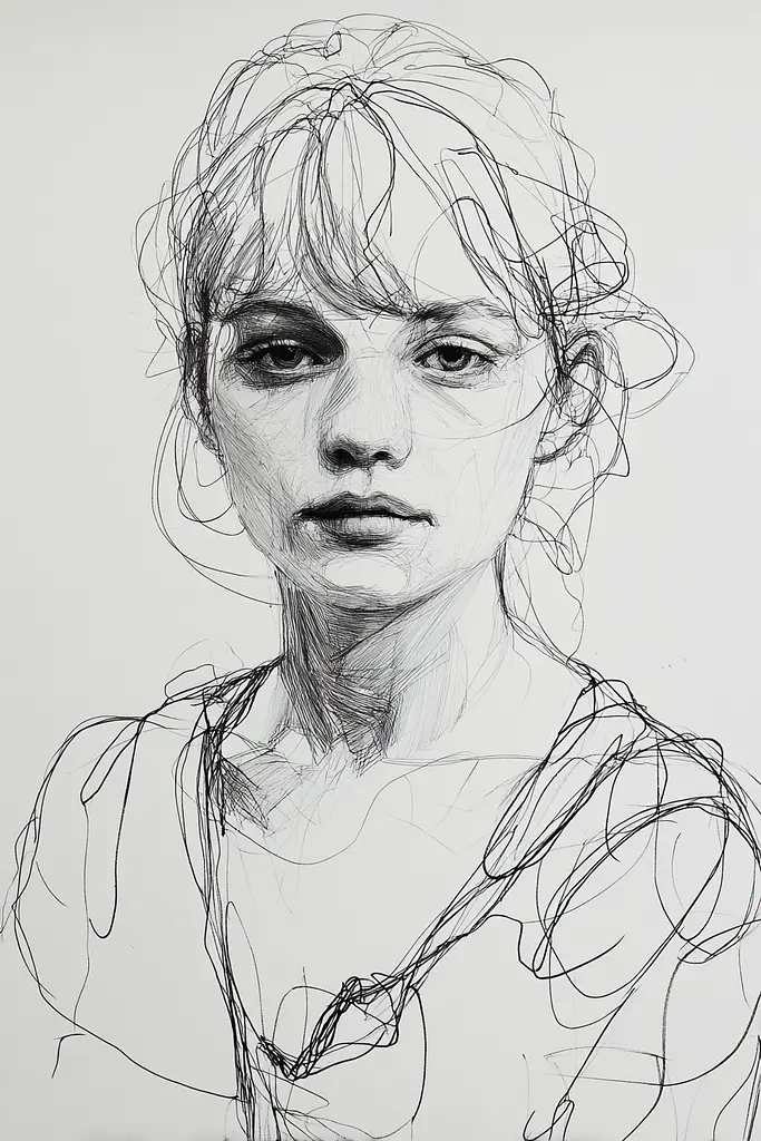 Midjourney generated image using SREF code Scribblephoria: A black and white drawing of a woman's face.