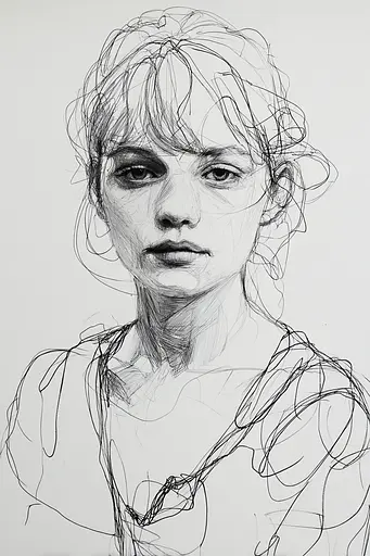 Midjourney generated image using SREF code Scribblephoria: A black and white drawing of a woman's face.