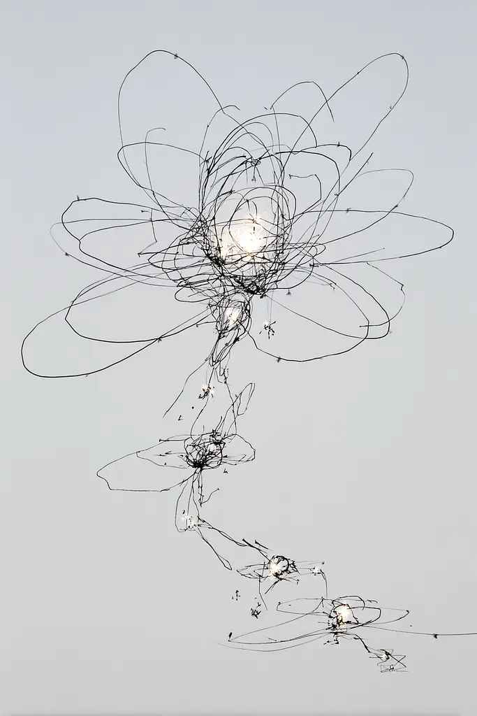 Midjourney generated image using SREF code Scribblephoria: A drawing of a flower made out of wire on a wall.