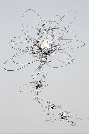 Midjourney generated image using SREF code Scribblephoria: A drawing of a flower made out of wire on a wall.
