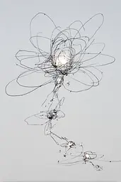Midjourney generated image using SREF code Scribblephoria: A drawing of a flower made out of wire on a wall.